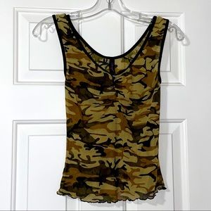 Vintage Y2K Dreamgirl Camouflage Sheer Top with lettuce hem
